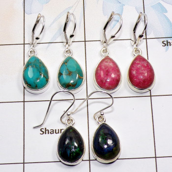 3 Pair Multi Gemstone Cab Earring A - BVE980 Cab Blue Copper Turquoise, Azurite, Thulite Solid 925 Sterling Silver Plain Earring