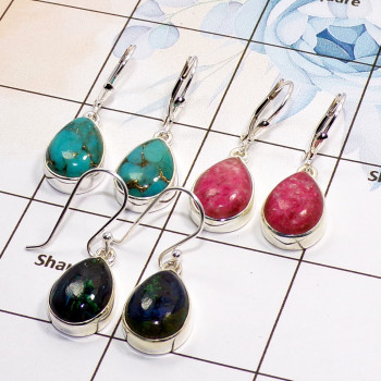 3 Pair Multi Gemstone Cab Earring A - BVE980 Cab Blue Copper Turquoise, Azurite, Thulite Solid 925 Sterling Silver Plain Earring
