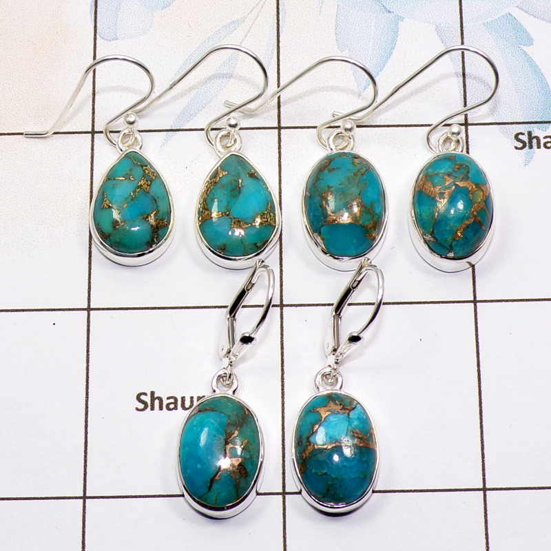 3 Pair Blue Copper Turquoise Gemstone Earring A -BVE991 Cab Blue Copper Turquoise Solid 925 Sterling Silver Plain Earring Wholes