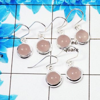 3 Pair Beautifui Rose Quartz Cab Earring A - BVE996 Round Rose Quartz Solid 925 Sterling Silver Plain Earring Lot