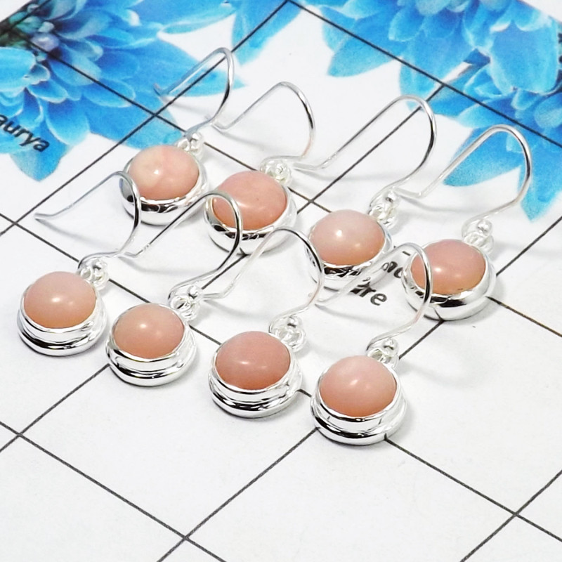 4 Pair Natural Pink Opal Cab Earring V - BVE997 Round Pink Opal Solid 925 Sterling Silver Earring Lot
