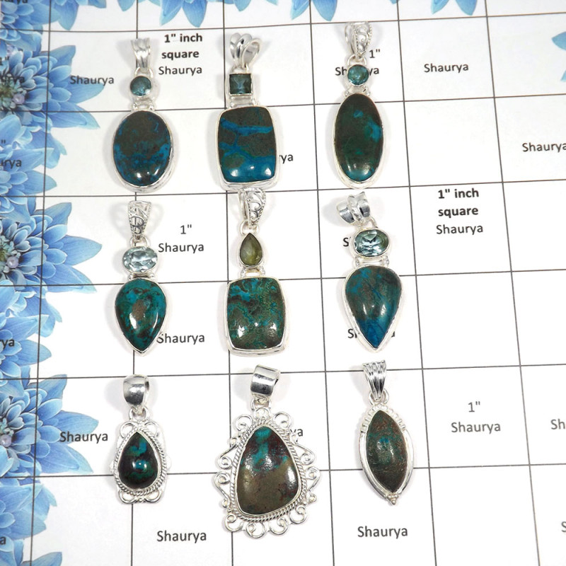 9 pcs Crysocolla Pendants - A CPJ999 - Natural Crysocolla Gemstone 925 Sterling Silver Handmade Pendant