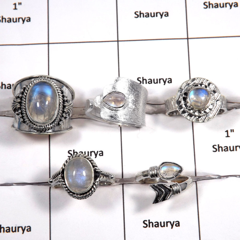 5 pcs Rainbow Moonstone Rings - E CRJ005 - Solid 925 Sterling Silver Natural Blue Fire Rainbow Moonstone Gemstone Designer Ring