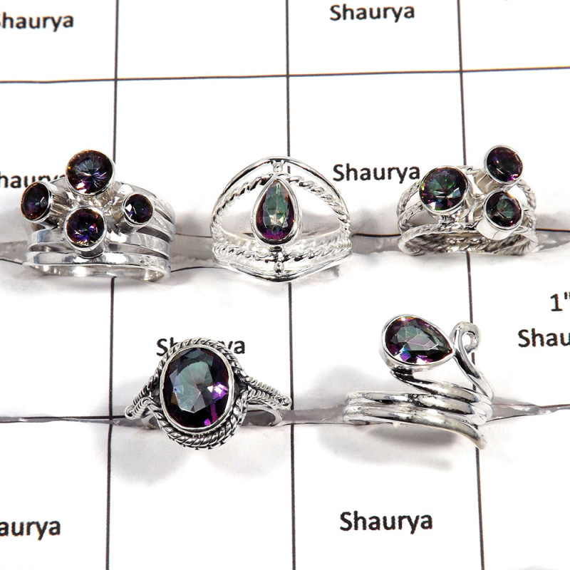 5 pcs Mystic Rings - F CRJ006 - Solid 92.5% Sterling Silver Natural Multi Color Mystic Cut Gemstone Designer Ring
