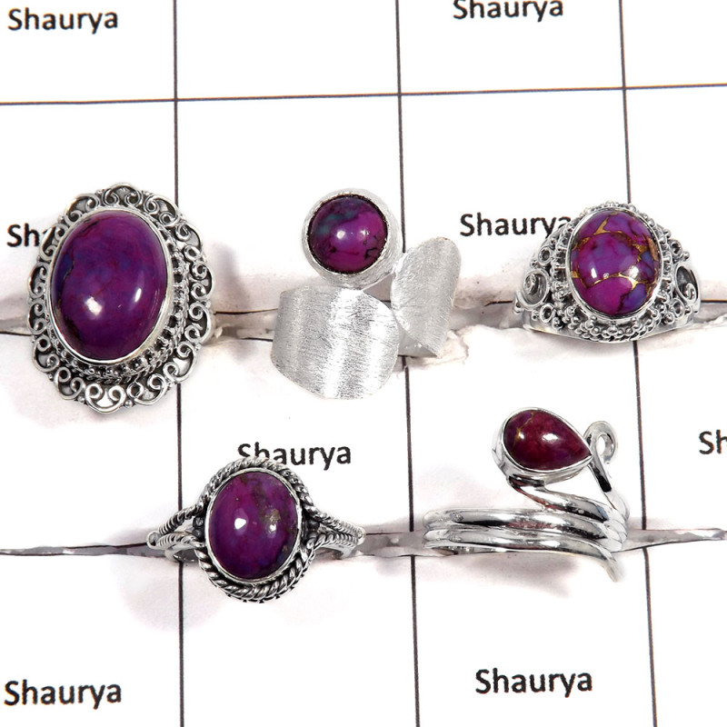 5 pcs Purple Turquoise Rings - E CRJ007 - Newly Arrival Purple Turquoise Cabochon Gemstone 925 Sterling Silver Designer Ring