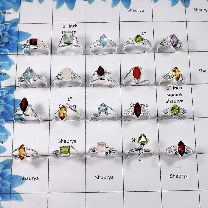 Mix Cut Gemstone - F - 100 Gms 4 to 9 Solid 925 Sterling Silver Awesome Natural Mix Cut Gemstone Assorted Ring Lots Approx. 30 T