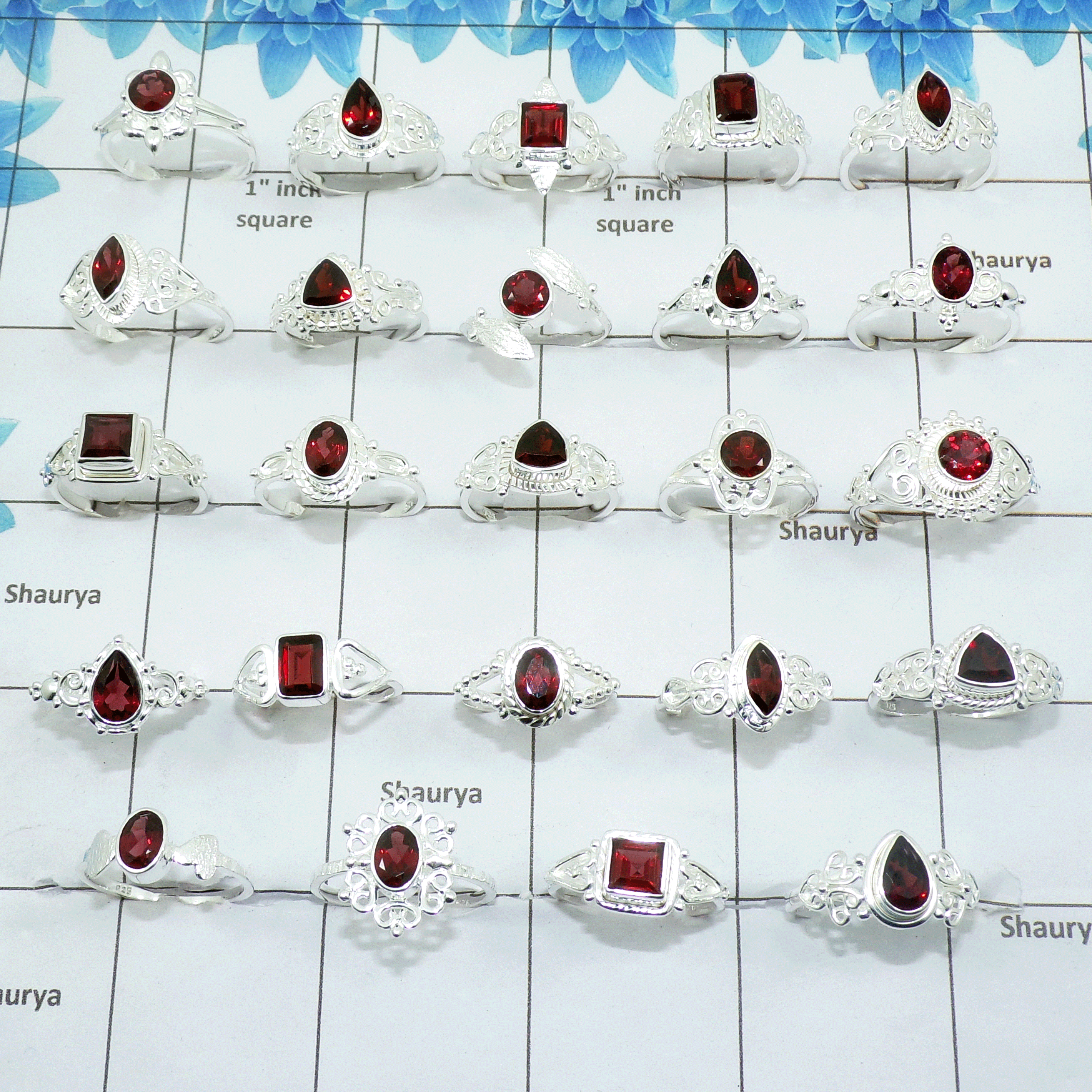 50 Pcs Garnet Cut stone - D Dainty Petite Silver Rings wholesale lot in 925 Solid Silver SIQWLSSR50