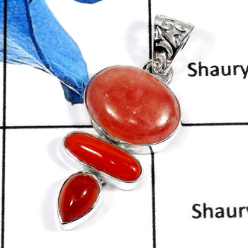 Rhodochrosite,Coral & Carnelian-L ISP527-Stunning Party Wear Handmade Plain Pendant 925 Sterling Silver