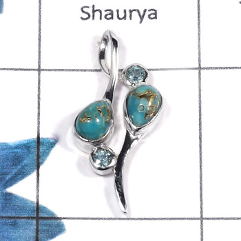 Blue Copper Turquoise Cab & Blue Topaz Cut D - NSP945 - Indian Factory Made Solid 925 Silver Designer Pendant