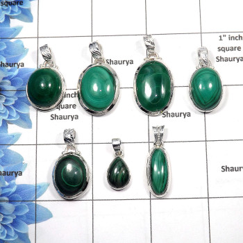 Malachite Cab - D PWL998 - 100 Gms Indian Company Made Solid 925 Sterling Silver Wholesale Lot Pendant Approx. 15 To 20 Pcs