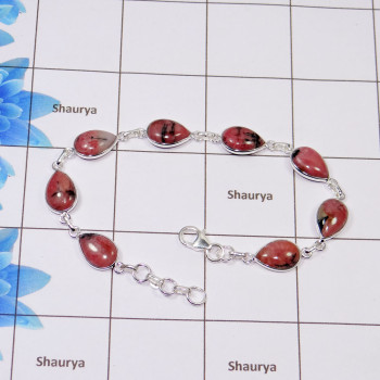 Rhodonite Bracelet B - SBB888-Genuine Rhodonite Gemstone Made in 925 Sterling Silver Wholesale Bezel Bracelet