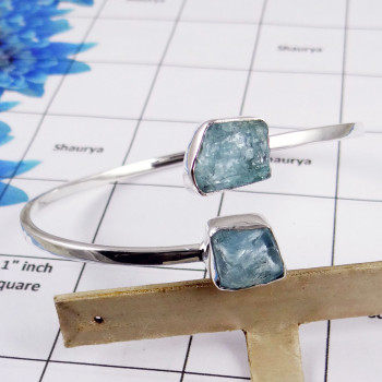 Raw Aquamarine Bangle - SNB977-Solid 925 Sterling Silver with Raw Aquamarine Handmade Trendy Adjustable Bangle