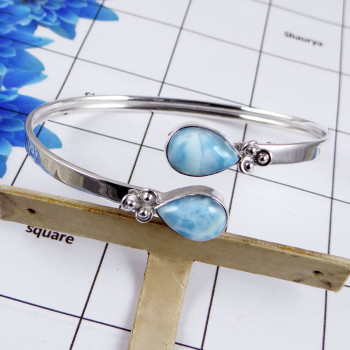 Larimar Bangle - SNB985-Solid 925 Sterling Silver Direct Factory Made Natural Larimar Handmade Adjustable Bangle