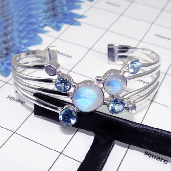 B.T., Rainbow Cab Bangle - SNB987-Rainbow Moonstone with Blue Topaz 925 Solid Silver Handmade Designer Bangle
