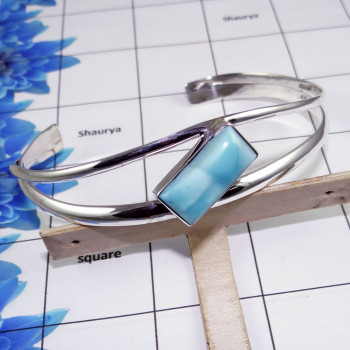 Larimar Bangle - SNB988-Natural Larimar Cab 925 Sterling Silver Handmade Adjustable Bangle For Her
