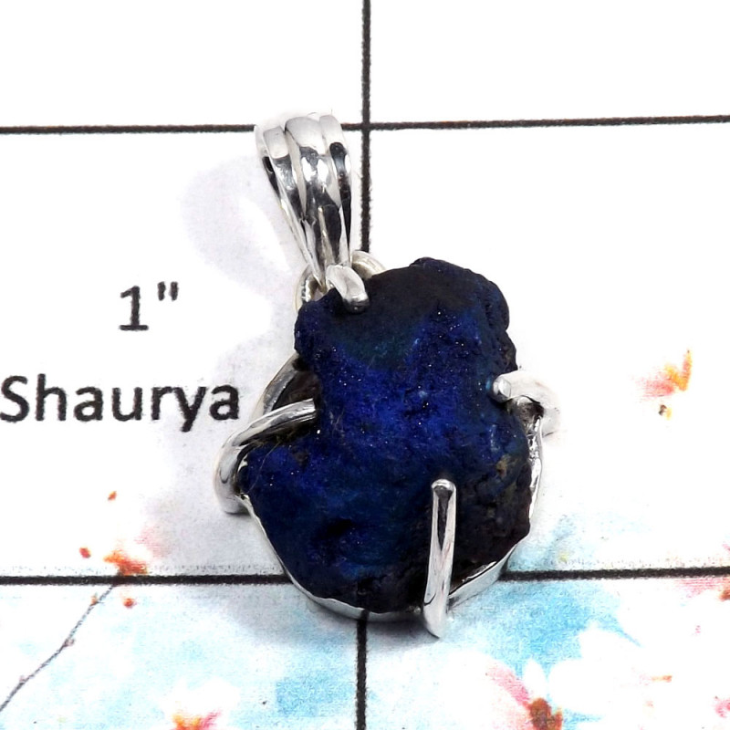 Azurite Rough - I SPS877 - Indian Company Made Azurite Rough Gemstone Prong Setting Pendant 925 Sterling Silver