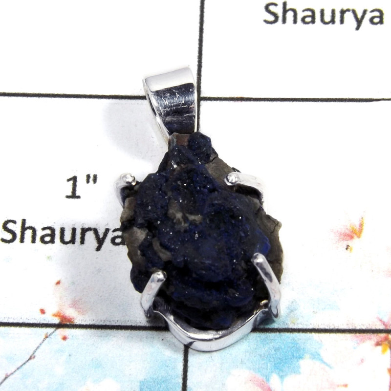 Azuirte Rough - H SPS879 - Indian Company Made Azurite Rough Stone 925 Silver Prong Setting Pendant