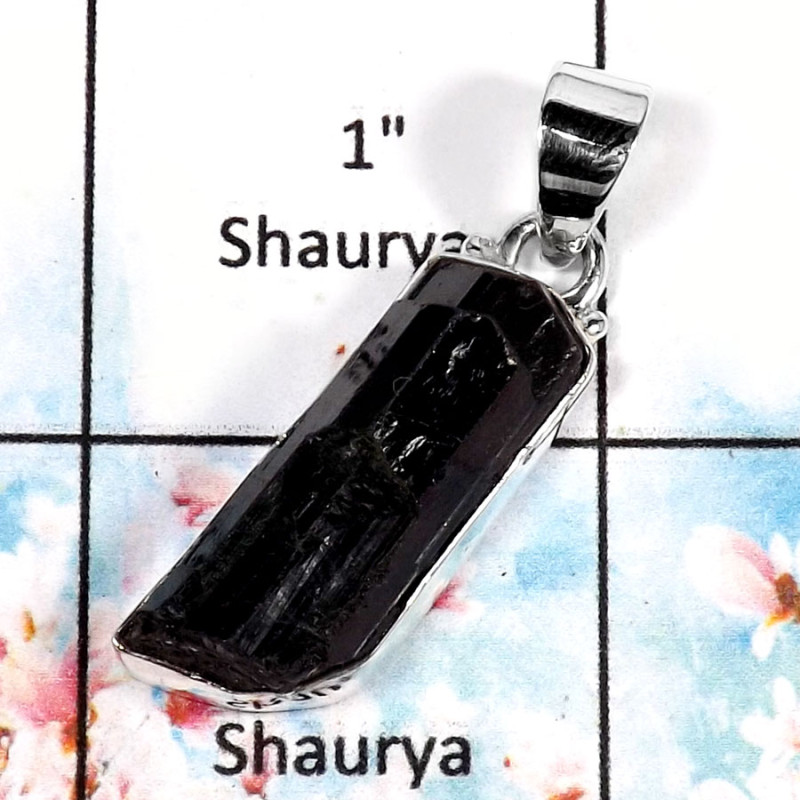 Black Tourmaline-B SPS883-Indian Company Handmade Rough Gemstone Pendants 925 Sterling Silver