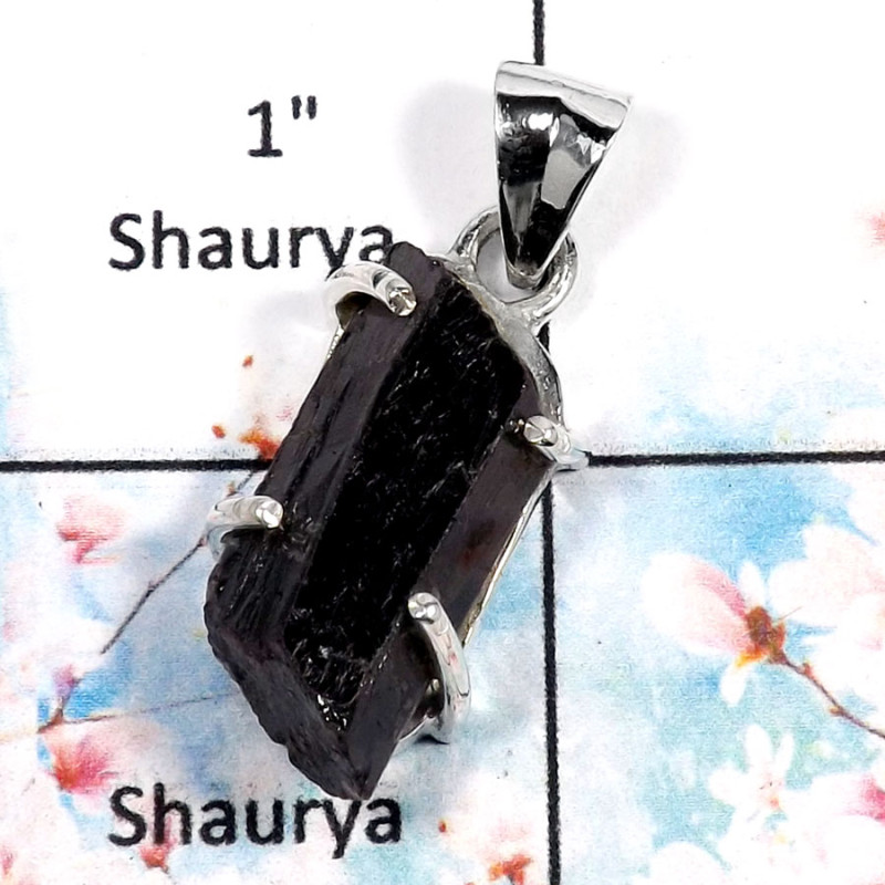 Black Tourmaline-H SPS883-Attractive Rough Gemstone Prong Setting Pendant 925 Sterling Silver