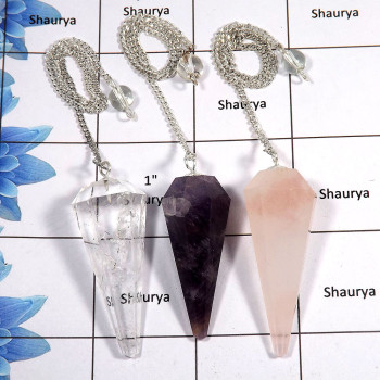 3 Pcs Crystal, Amethyst & Rose Quartz - B SPU995 - Natural Gemstone Brass Silver Plated 3 Pcs Pendulum Lots