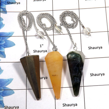 3 Pcs Golden Pyrite, Golden Quartz & Moss Agate - I SPU996 - Pretty Look Natural Gemstone Brass Silver Plated 3 Pcs Pendulum Lot