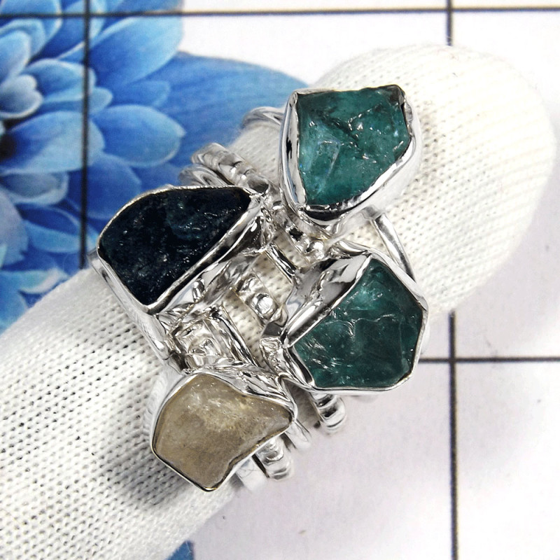 Mix Rough Gemstone - J STK920 - Solid 92.5% Sterling Silver Natural Mix Rough Stone 7 Pcs Wholesale Stacking Ring
