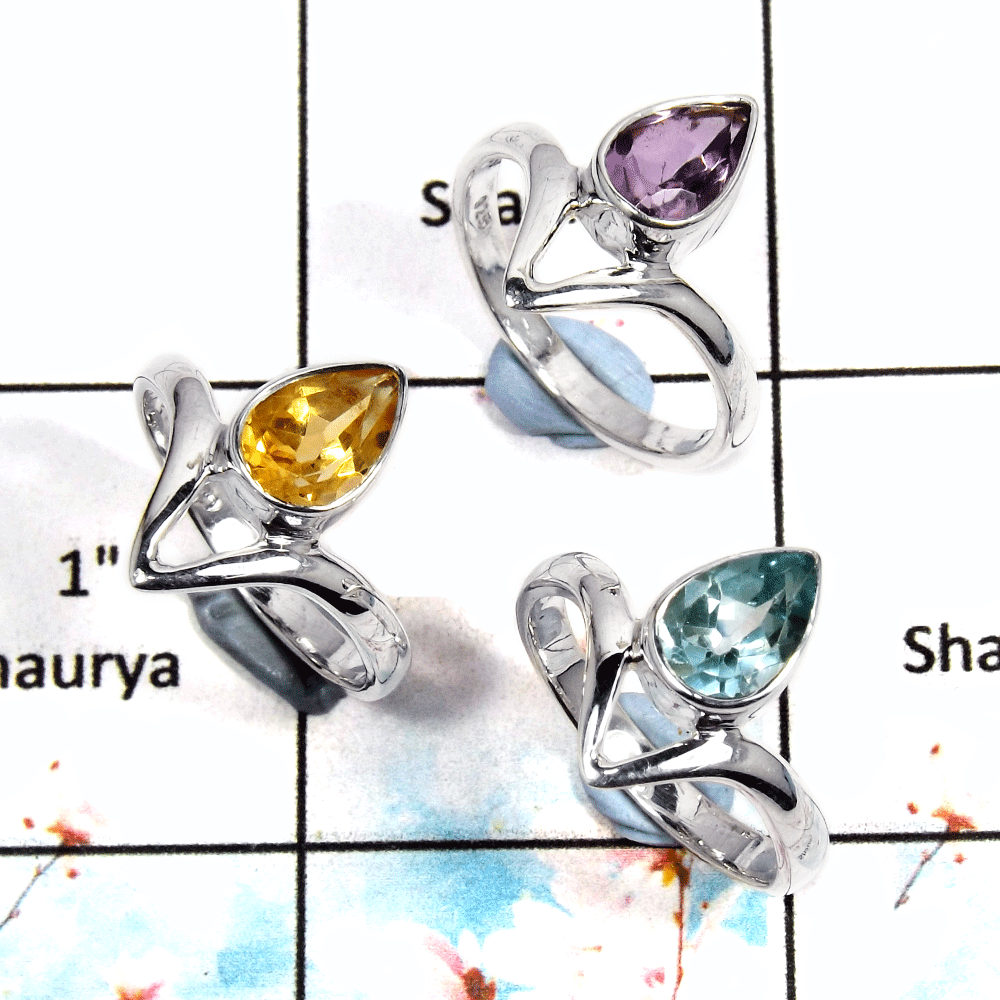 Blue Topaz, Amethyst & Citrine - O SVP796 - Natural Cut Gemstone Solid 925 Silver 3 pcs Lots Ring