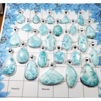 100 Gram Assorted Larimar - W2H978-Assorted Larimar 925 Sterling Silver Wholesale Pendant Lot 13 to 17 Pcs