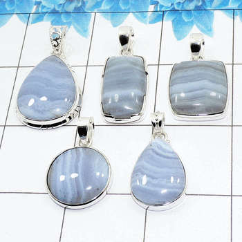 100 Grams Blue Lace Agate Pendants A - WBP100BLA - Assorted 925 Silver Pendants