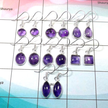 Amethyst Earring B - WEL999-100 Gram Assorted Shape Amethyst Cab 925 Sterling Silver Bezel Set 45 to 55 Pair Earring Lot