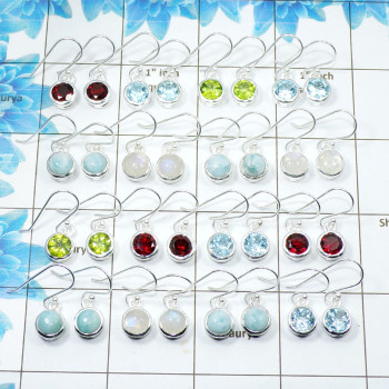 25 Pairs Mix Cut & Cab Stones B - WSL994 Assorted Earrings Garnet, Peridot, Blue Topaz, Rainbow Moonstone & Larimar Solid 925 st