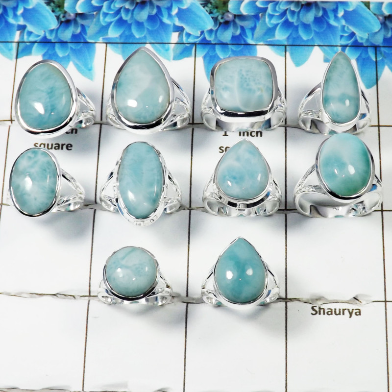 10 Pcs Larimar Cab B Ring - WSLR875 AOCT25 Solid 925 Sterling Silver Cab Larimar Handmade Wholesale Ring Lot   Ring Size:- 5US t