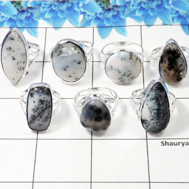 7 Pcs Dendrite Agate Cab Ring - WSLR878-AOCT25 Solid 925 Sterling Silver Cab Dendrite Agate Handmade Wholesale Ring Lot   Ring S