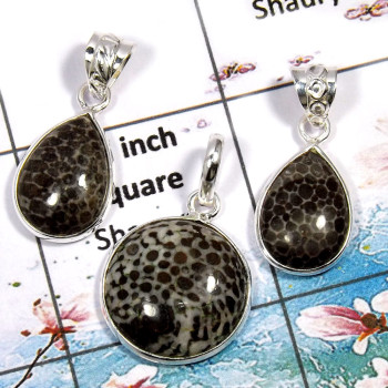 Black Coral- D WSP997- 925 Sterling Silver Bezel Set 3Pcs Combo Value Pack Pendant Lot