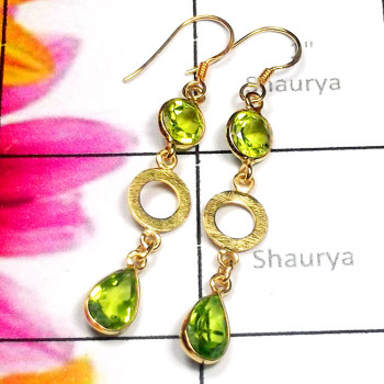 Peridot O - SGE982-Sterling Silver Gold Plated Cut Gemstone Earring