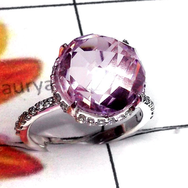 Amethyst B - SFR996-Lightweight Cut Gemstone n CZ Sterling Silver Fine Ring
