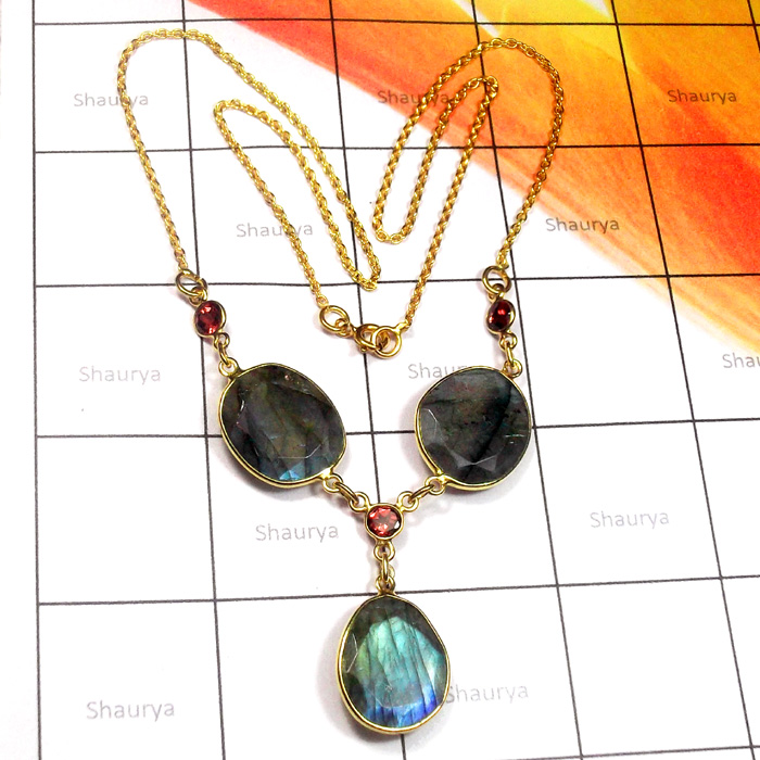 Labradorite O - SGN991-Hydro with Cut Gems 925 Silver Gold Plated Vermeil Neckla