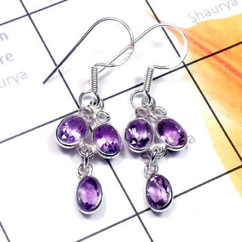 Amethyst O - BZE977-Cut Three Stone 925 Exclusive Silver Bejal Fancy Earring