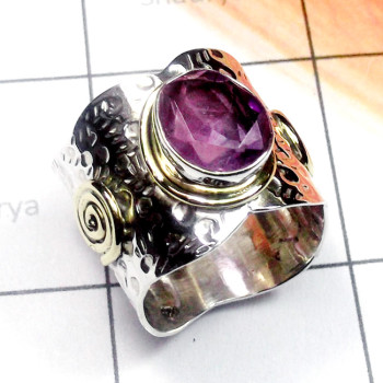 Amethyst A - STR990-925 Sterling Silver with Brass Cut Gemstone Two Tone Ring