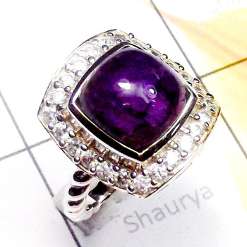 Amethyst C - SFR989-925 Exclusive Silver Cab Gemstone with CZ Fancy Ring