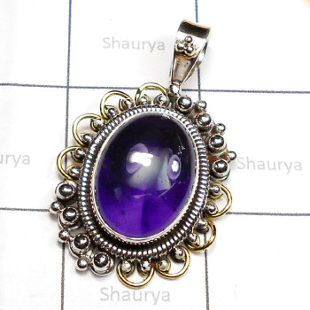 Amethyst Cab A - STR981-Cab Gemstone 925 Silver with Brass Designer Pendant