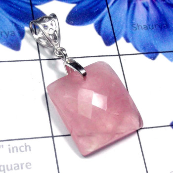 Rose Quartz C - SDP881-Checker Cut Rose Quartz 925 Silver Drilled Pendant