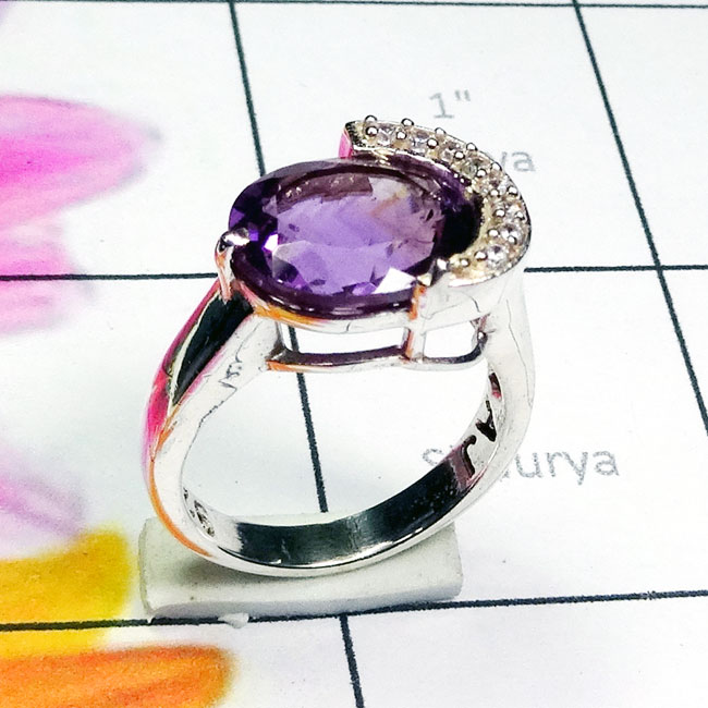 Amethyst A - SFR964-Sterling 925 Fine Silver Cut Gemstone with CZ Trendy Ring