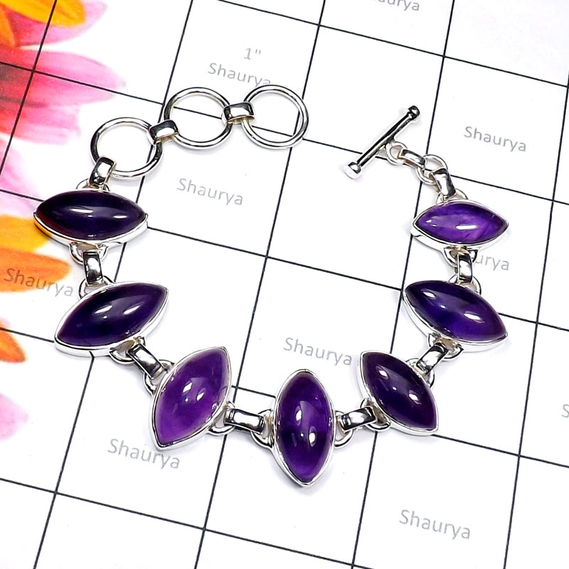 Amethyst Cab A - SPB959-925 Plain Silver with Cab Amethyst Handmade Stunning Brac