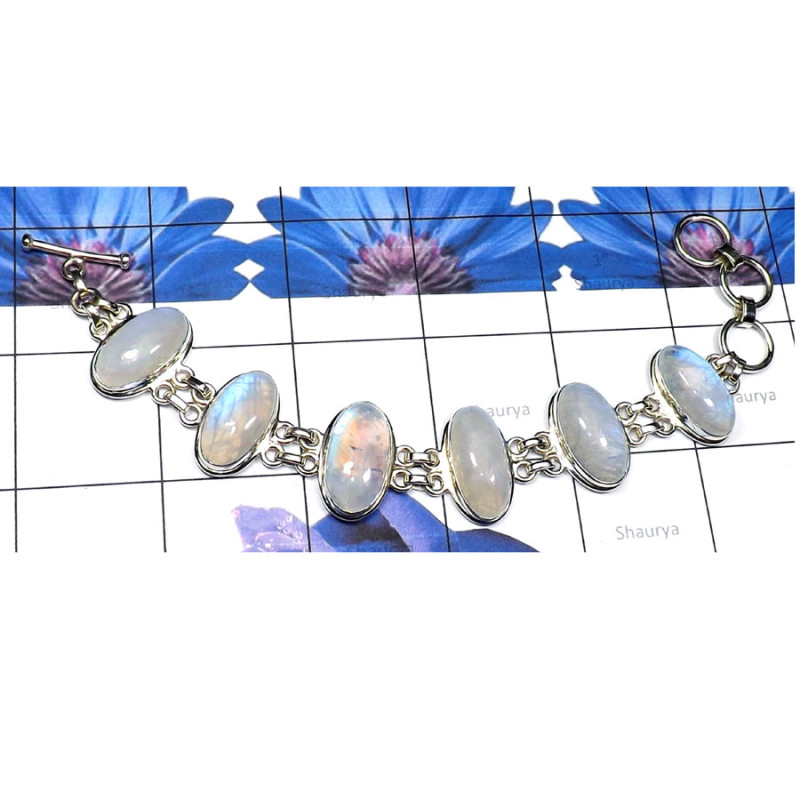 Rainbow Moonstone C - SPB947-Cab Rainbow Moonstone 925 Sterling Silver Trendy Bracelet
