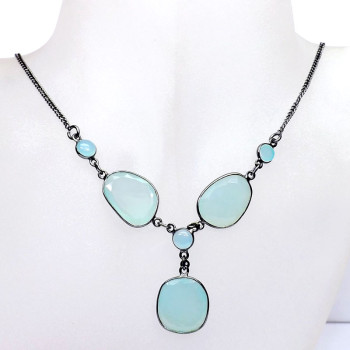 19 inch Aqua Onyx H - SGN986-Genuine Cut Gemstone 19 inch 925 Silver Black Rhodium Fan