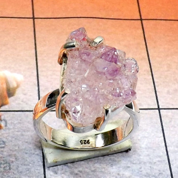 Plain Silver Amethyst Druzy H - SPR975-Amethyst Druzy 925 Silver Black Rhodium Prong Setting Bea