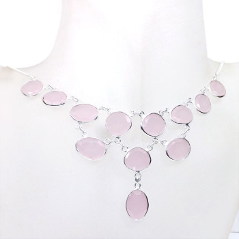 18 inch Rose Quartz F - SCN981-Sterling 925 Silver 18 inch with Cut Gemstone Bezel Chain