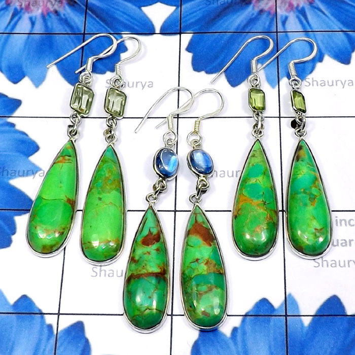 3 Pair Green Turquoise A - BZE931-Green Turquoise with Cut Gemstone 925 Silver 3 Pair Bezel