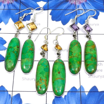 3 Pair Green Turquoise B - BZE931-Green Turquoise with Cut Gemstone 925 Silver 3 Pair Bezel